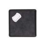 Black leatherette bottle opener coaster with magnetic cap catch — custom engraved bottle opener coaster by Solano Laser Craft