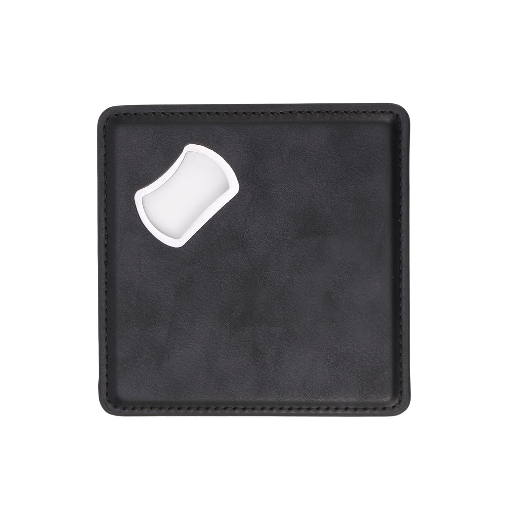 Black leatherette coaster with a built-in bottle opener