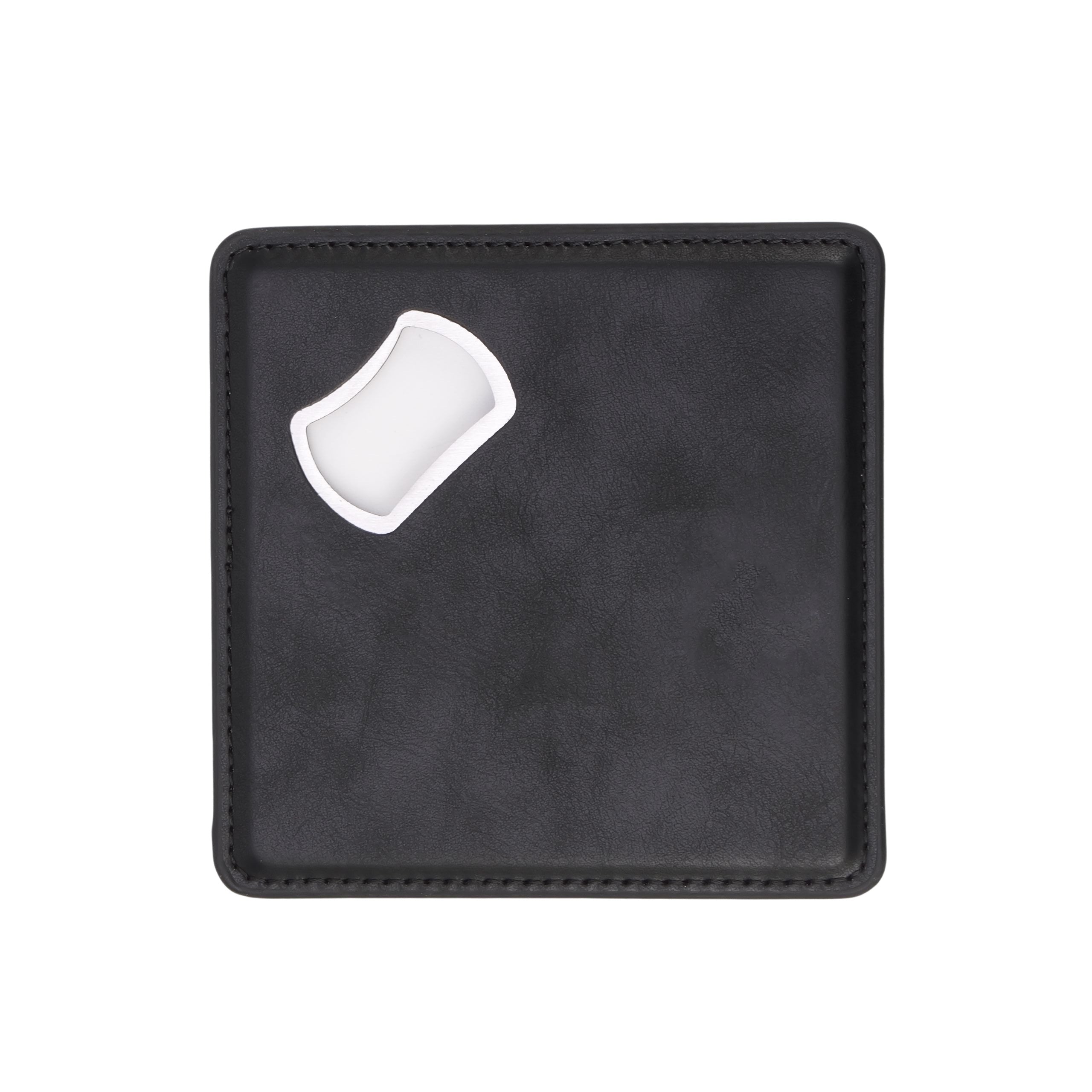 Black leatherette coaster with a built-in bottle opener