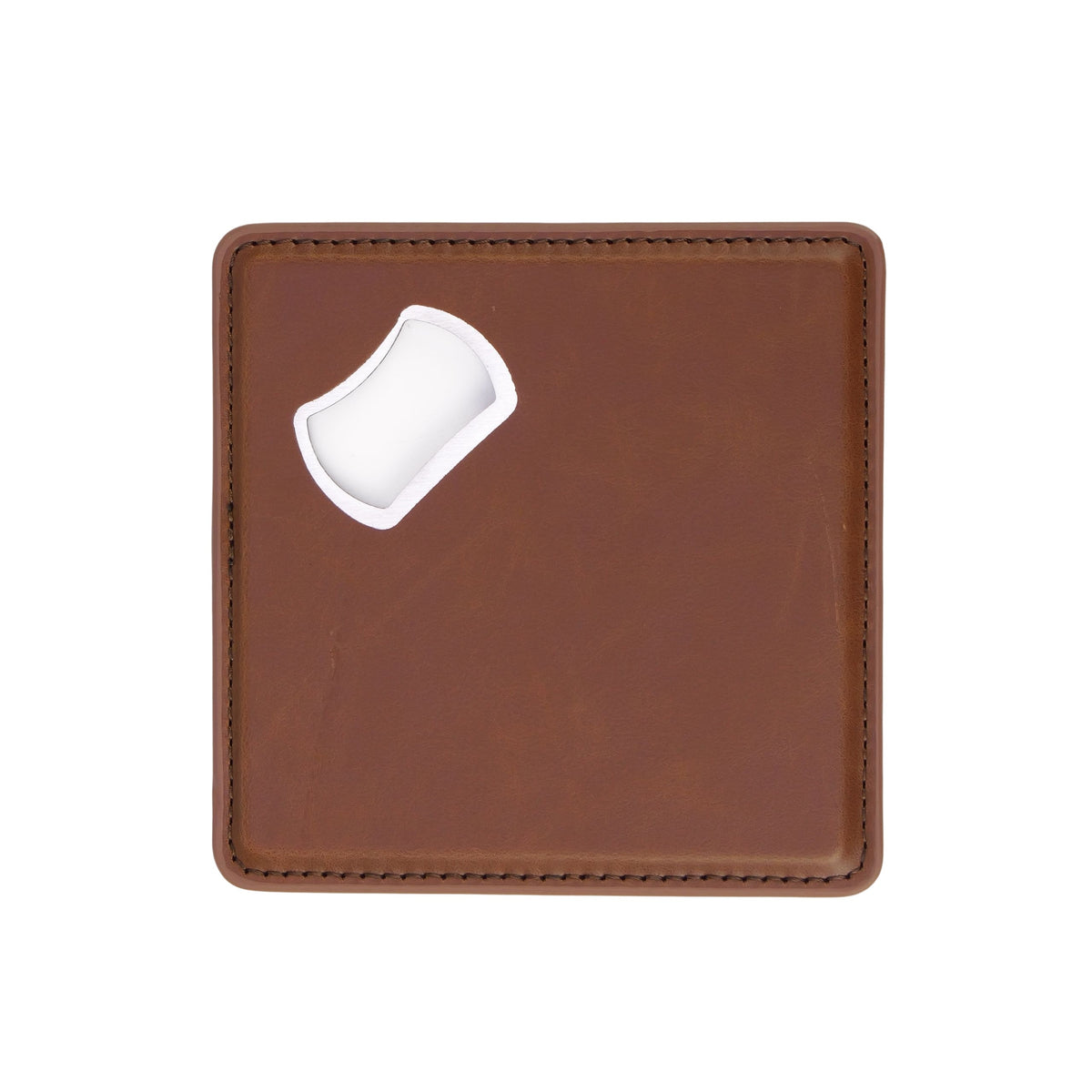 Brown leatherette coaster with a built-in bottle opener