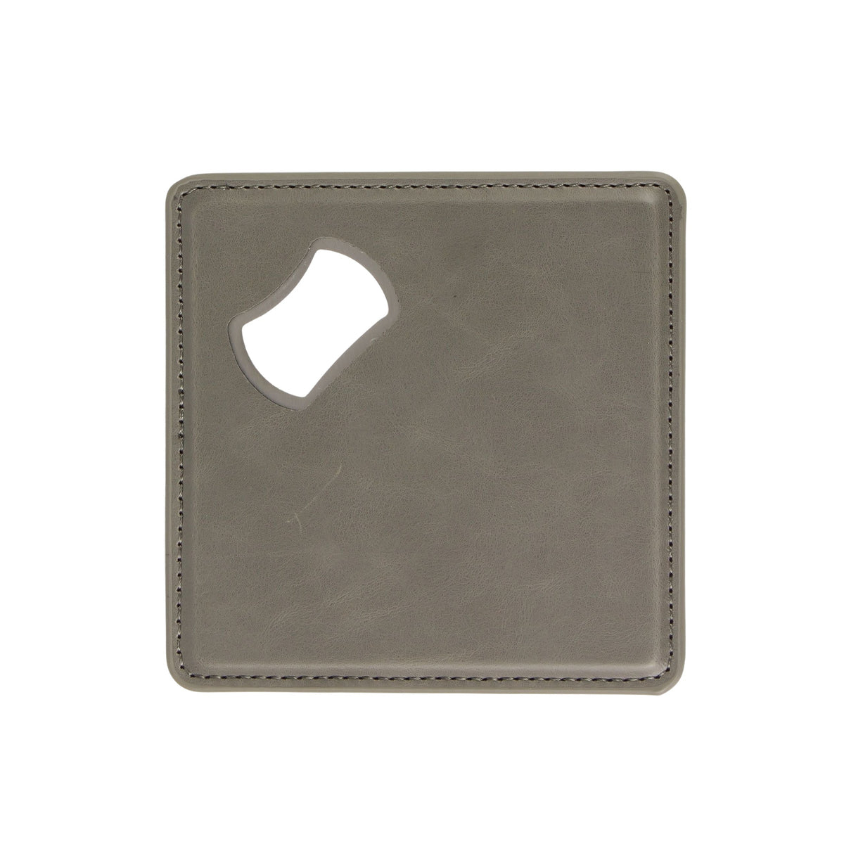 Gray leatherette coaster with a built-in bottle opener