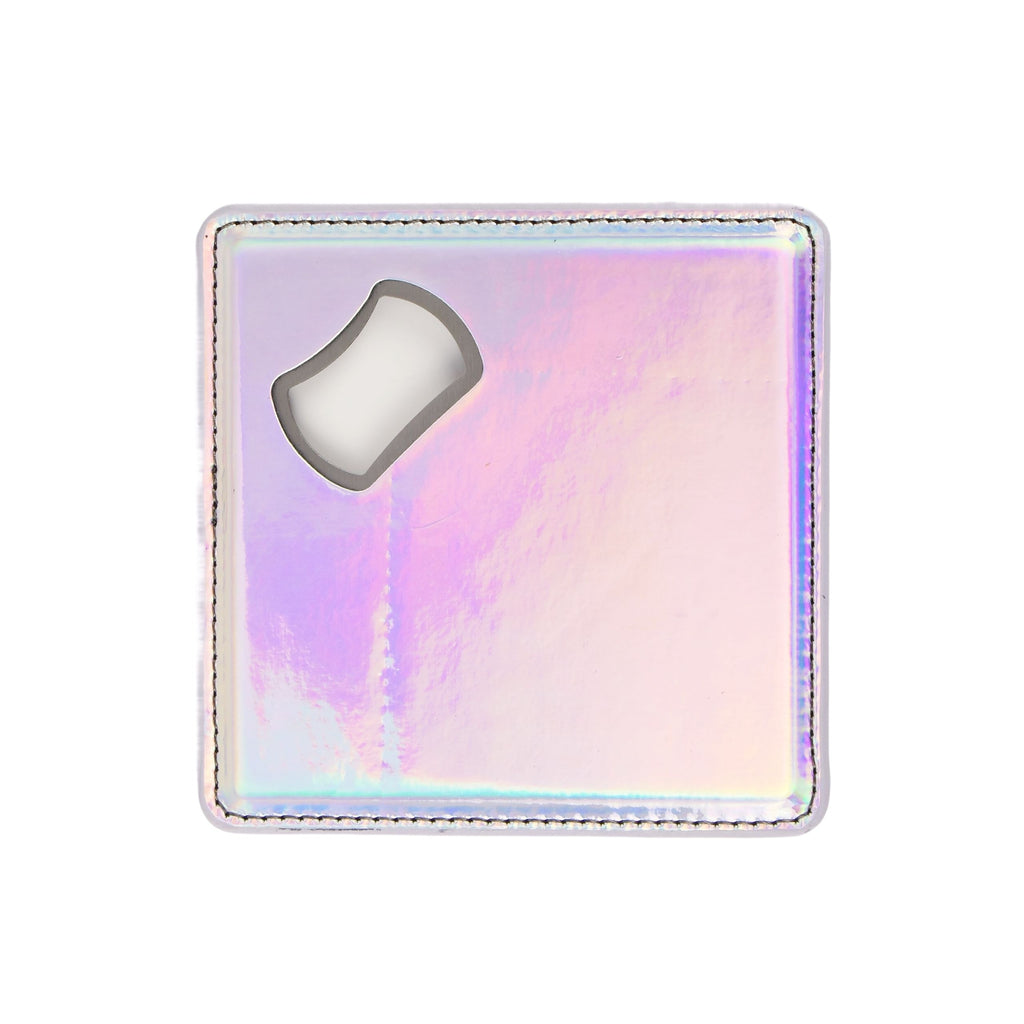 Holographic leatherette coaster with a built-in bottle opener