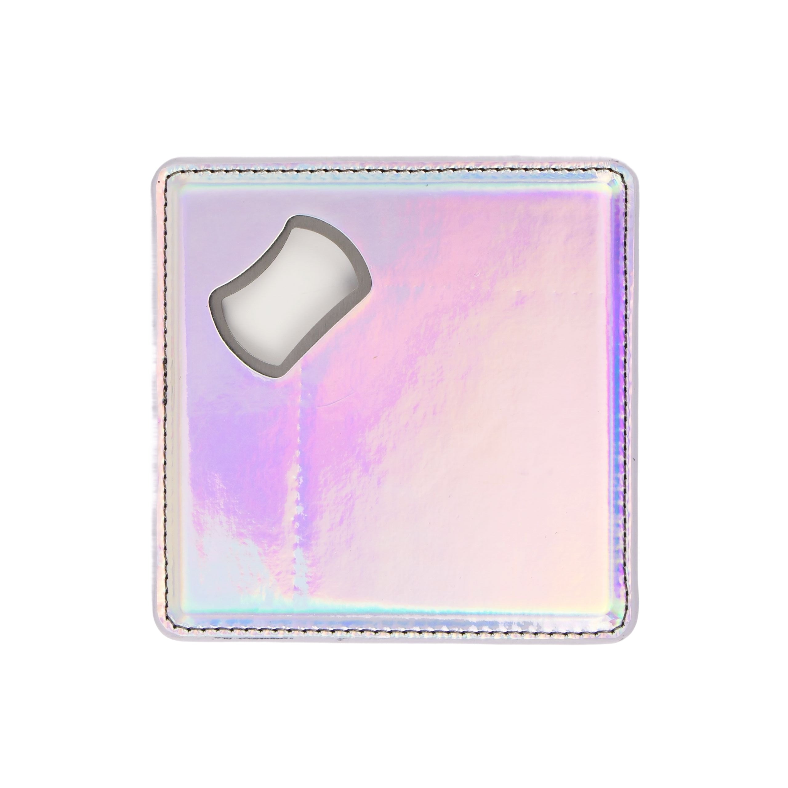 Holographic leatherette coaster with a built-in bottle opener