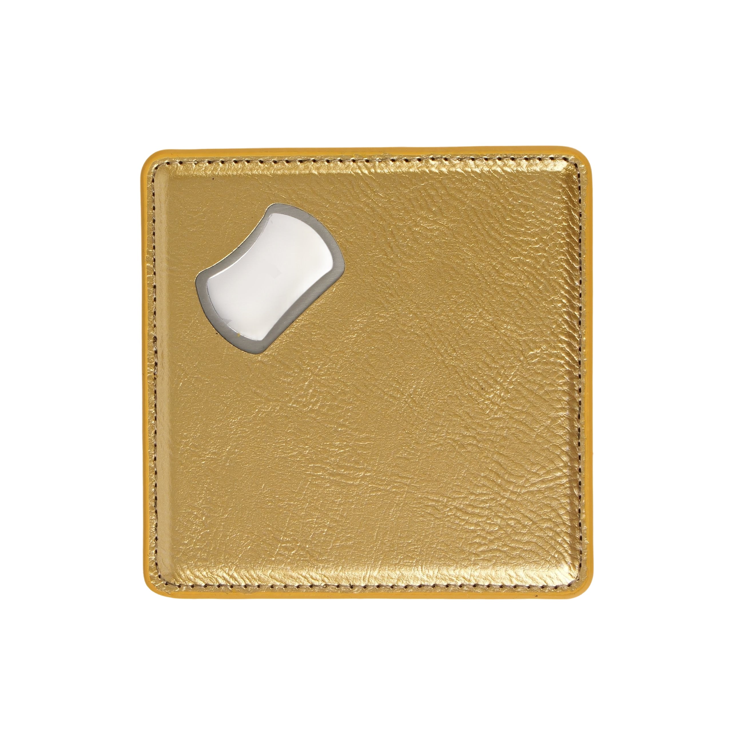 Metallic gold leatherette coaster with a built-in bottle opener