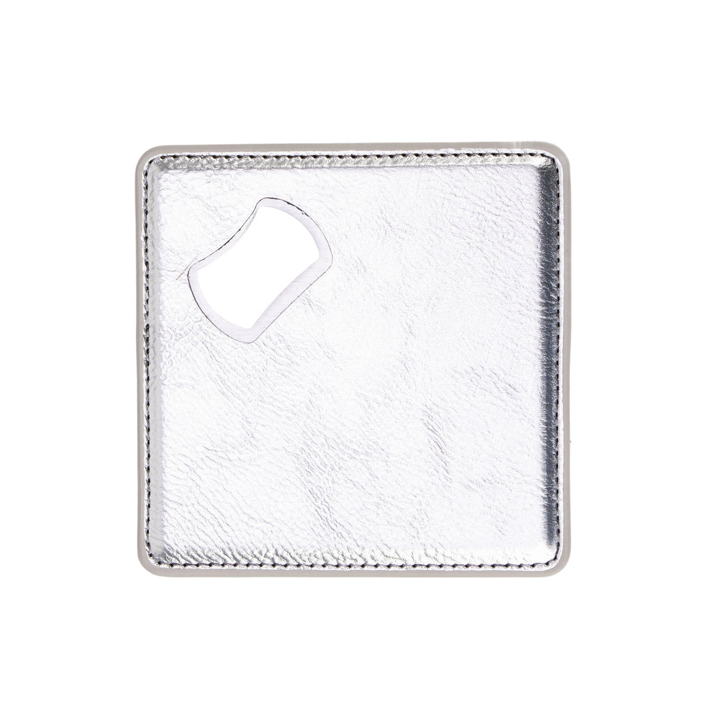 Metallic silver leatherette coaster with a built-in bottle opener