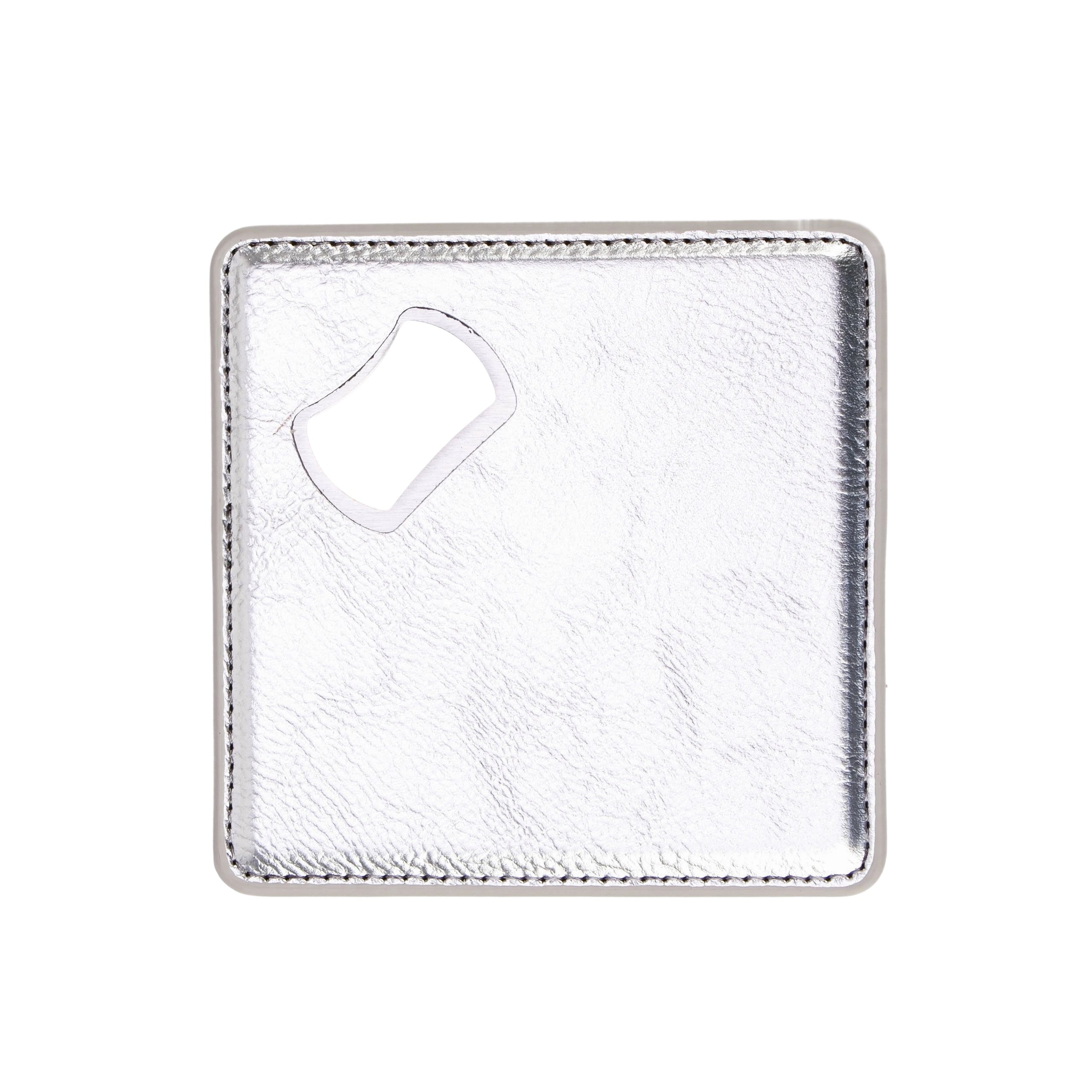 Metallic silver leatherette coaster with a built-in bottle opener