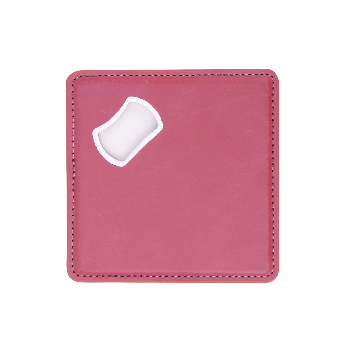 Pink leatherette coaster with a built-in bottle opener