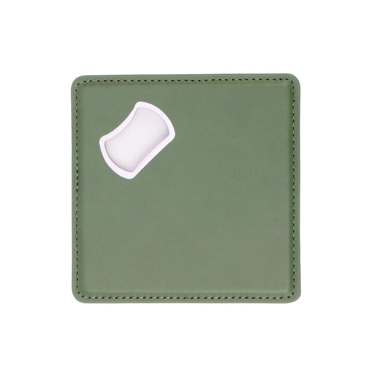 Sage green leatherette coaster with a built-in bottle opener