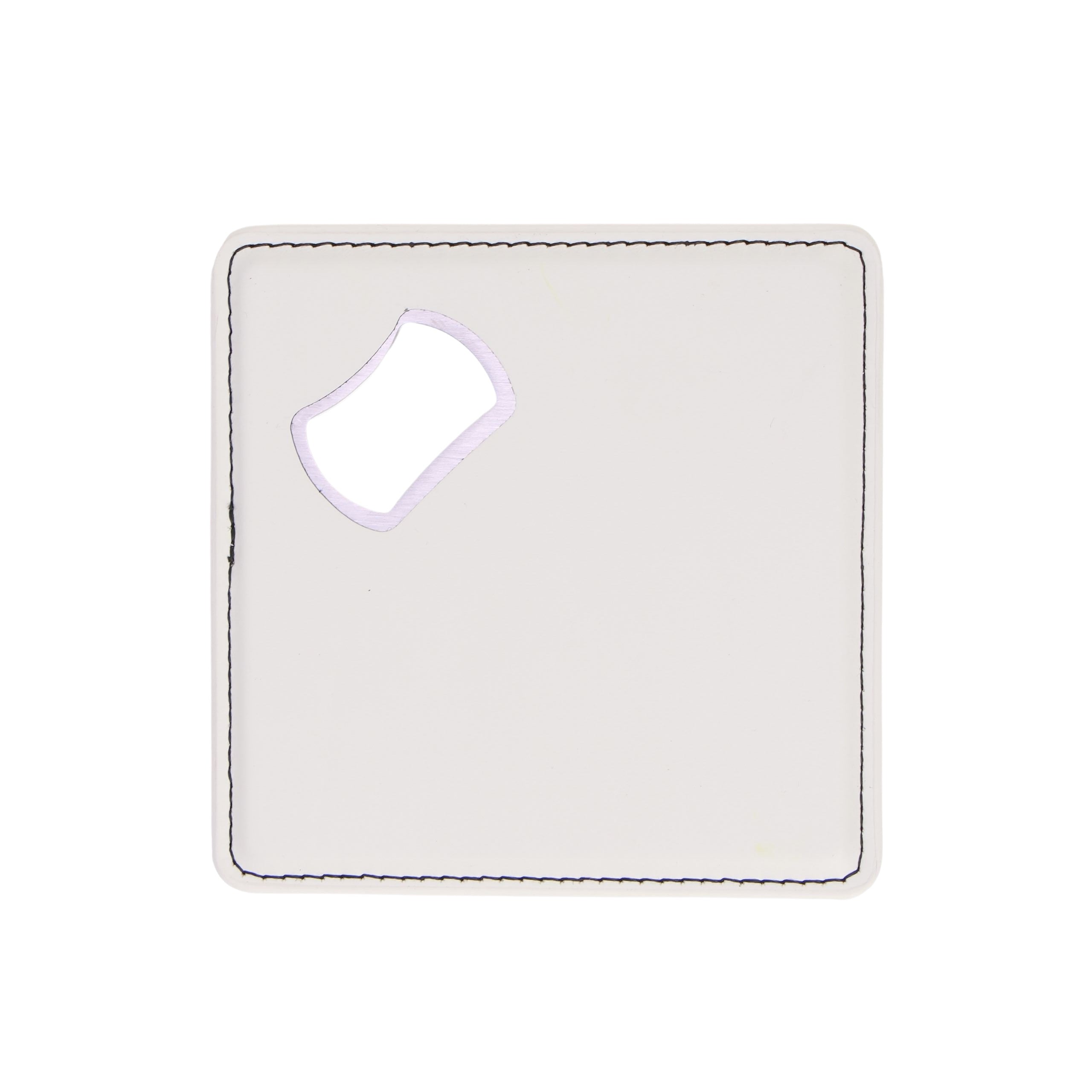 White leatherette coaster with a built-in bottle opener