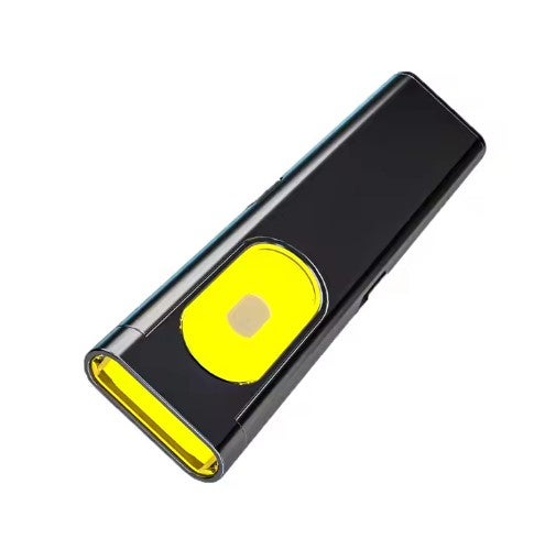 Slim black aluminum flashlight with a yellow accent ring around the lens and a pocket clip