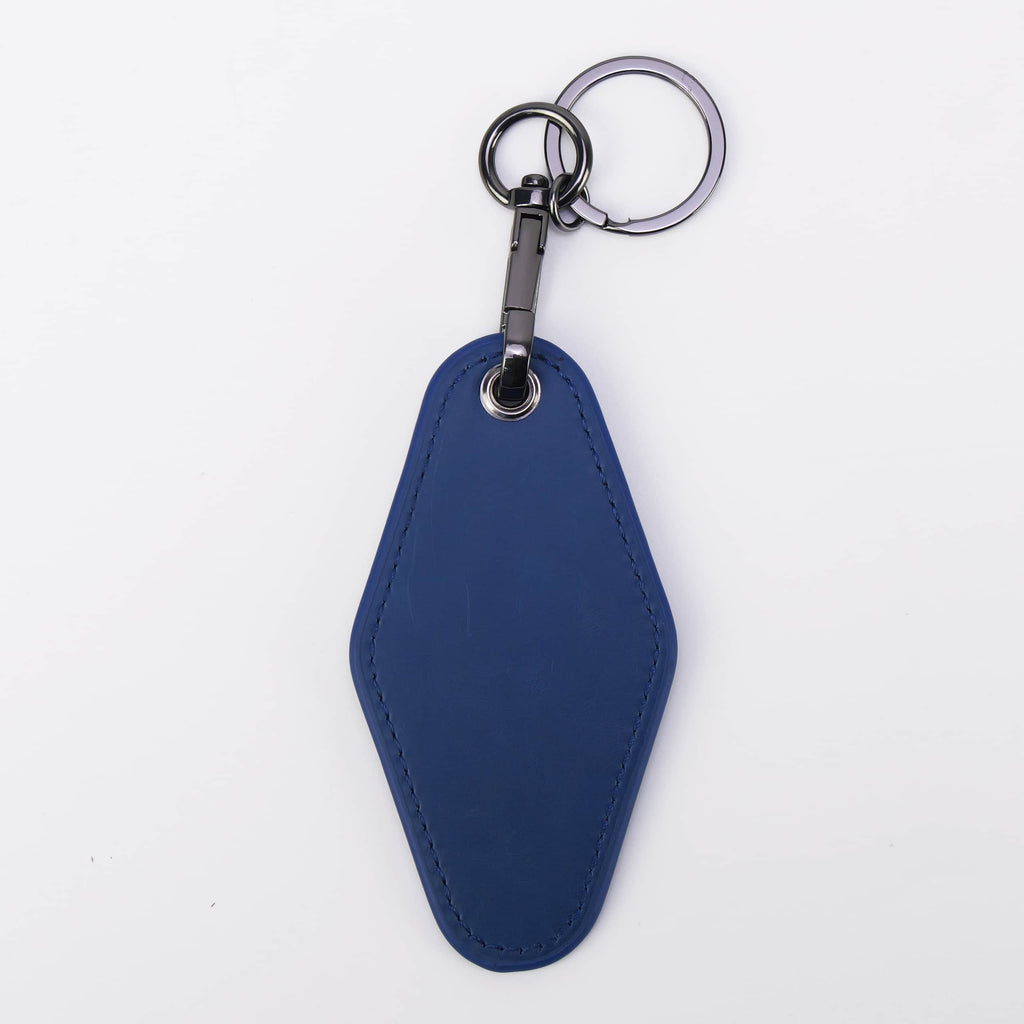 Navy leatherette motel keychain with a swivel clip and split ring