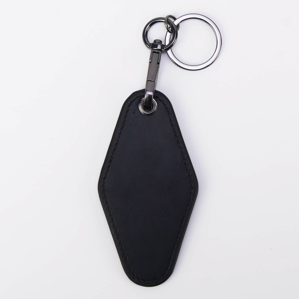 Black leatherette motel keychain with split key ring — custom engraved key fob by Solano Laser Craft