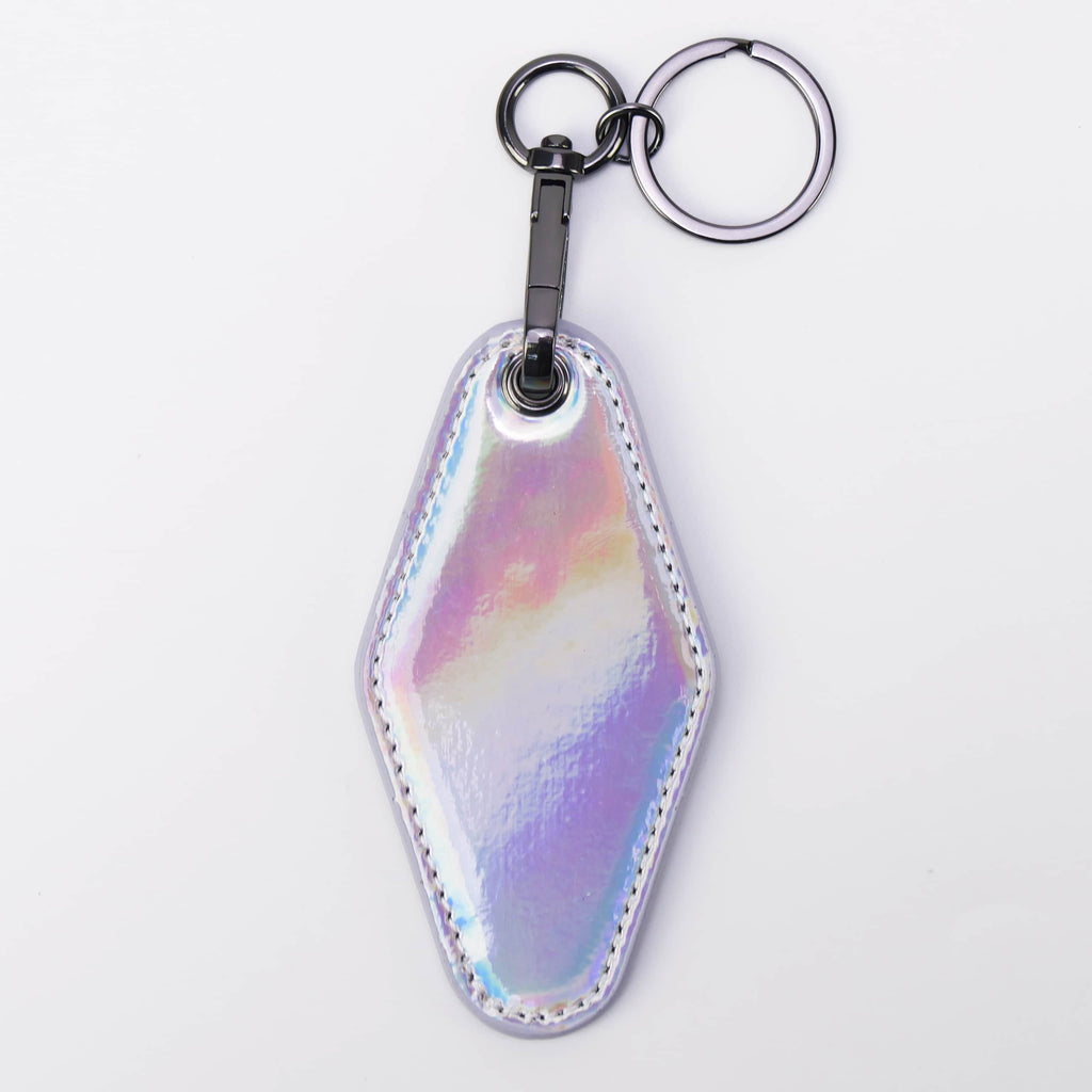 Holographic leatherette motel keychain with a swivel clip and split ring