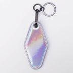 Holographic leatherette motel keychain with a swivel clip and split ring