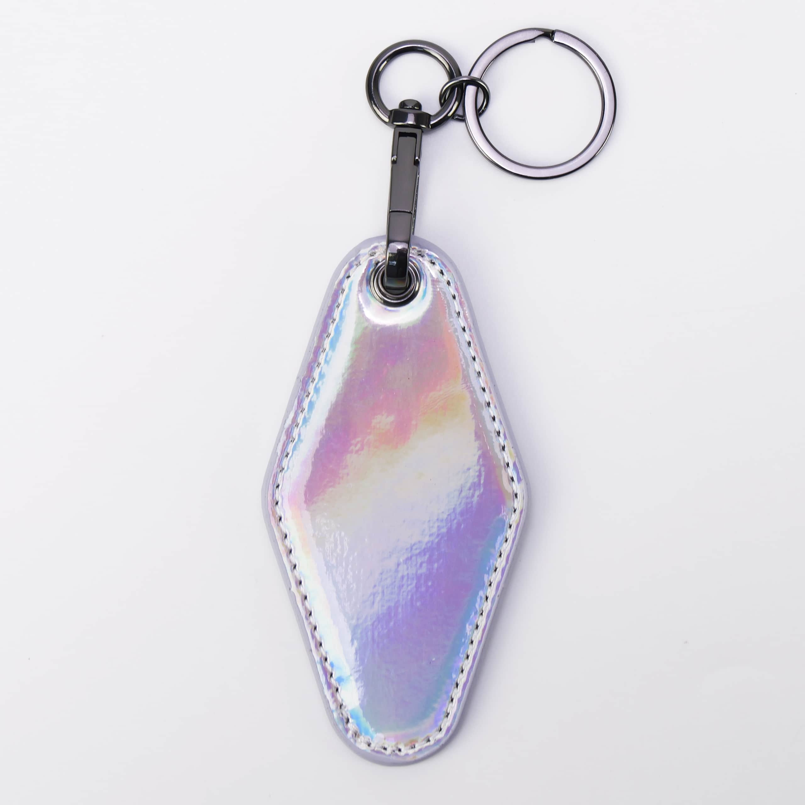 Holographic leatherette motel keychain with a swivel clip and split ring