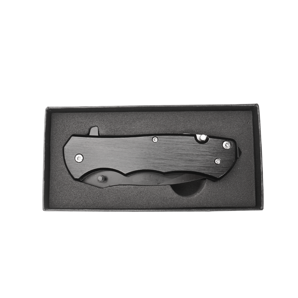 Black anodized aluminum spring assisted pocket knife with belt clip and glass breaker — custom engraved pocket knife by Solano Laser Craft