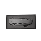 Black anodized aluminum spring assisted pocket knife with belt clip and glass breaker — custom engraved pocket knife by Solano Laser Craft