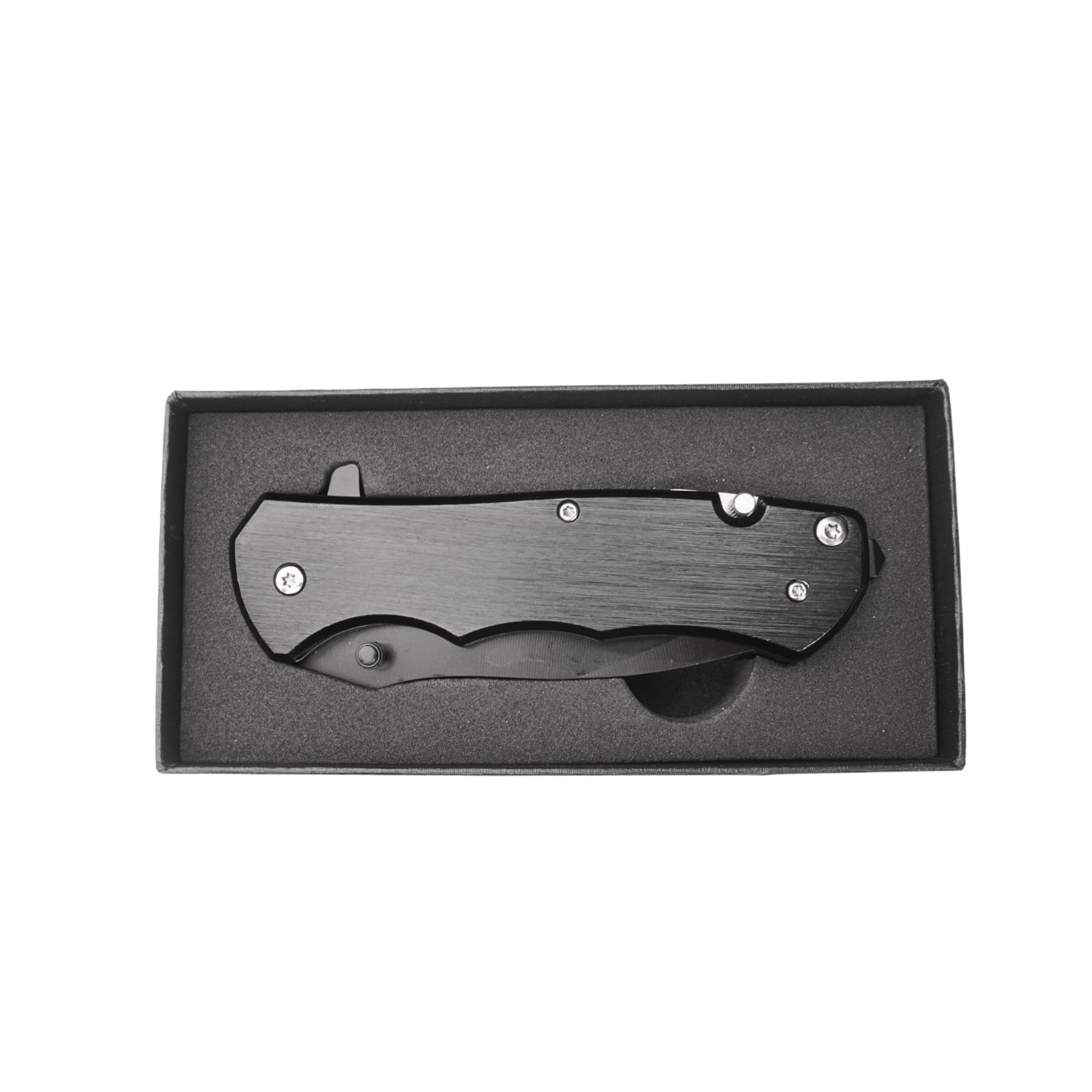 Black anodized aluminum spring assisted pocket knife with belt clip and glass breaker — custom engraved pocket knife by Solano Laser Craft