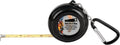 Black round pocket tape measure with a black and silver carabiner clip
