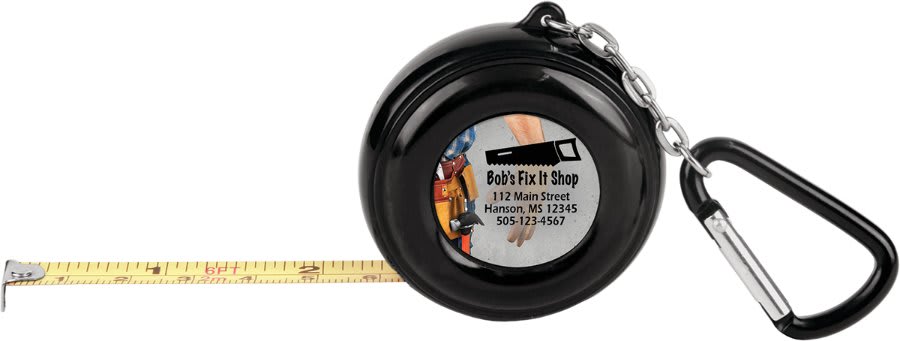 Black round pocket tape measure with a black and silver carabiner clip