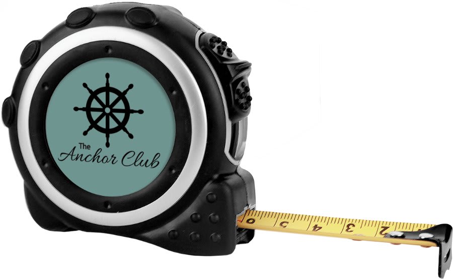 Black and silver 16 foot tape measure with a belt clip and a round insert area on the face