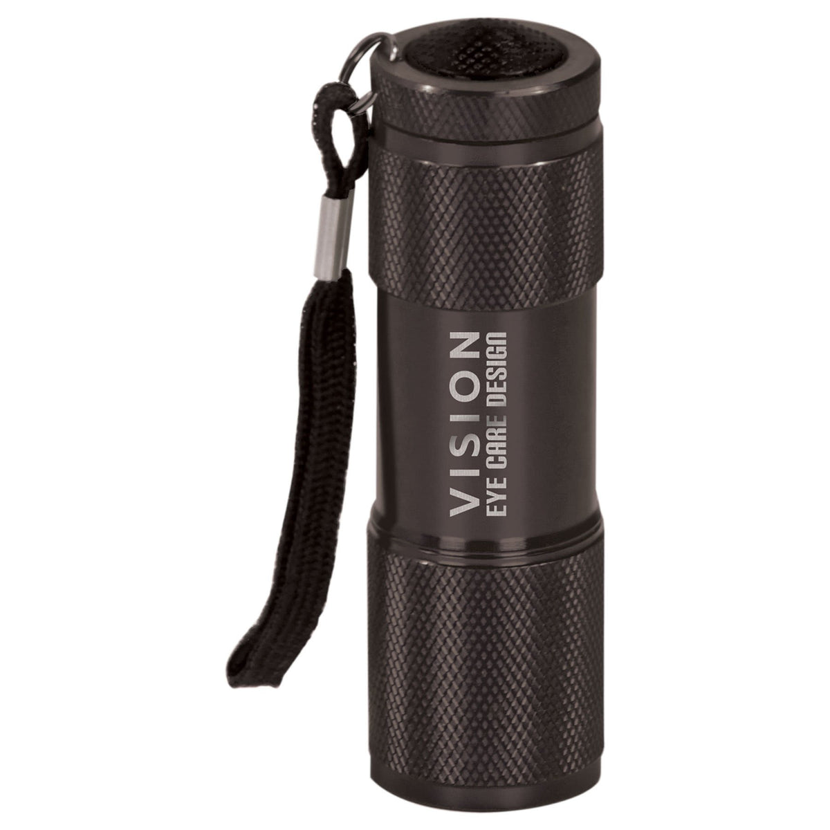 Black anodized aluminum 9-LED flashlight with a wrist strap