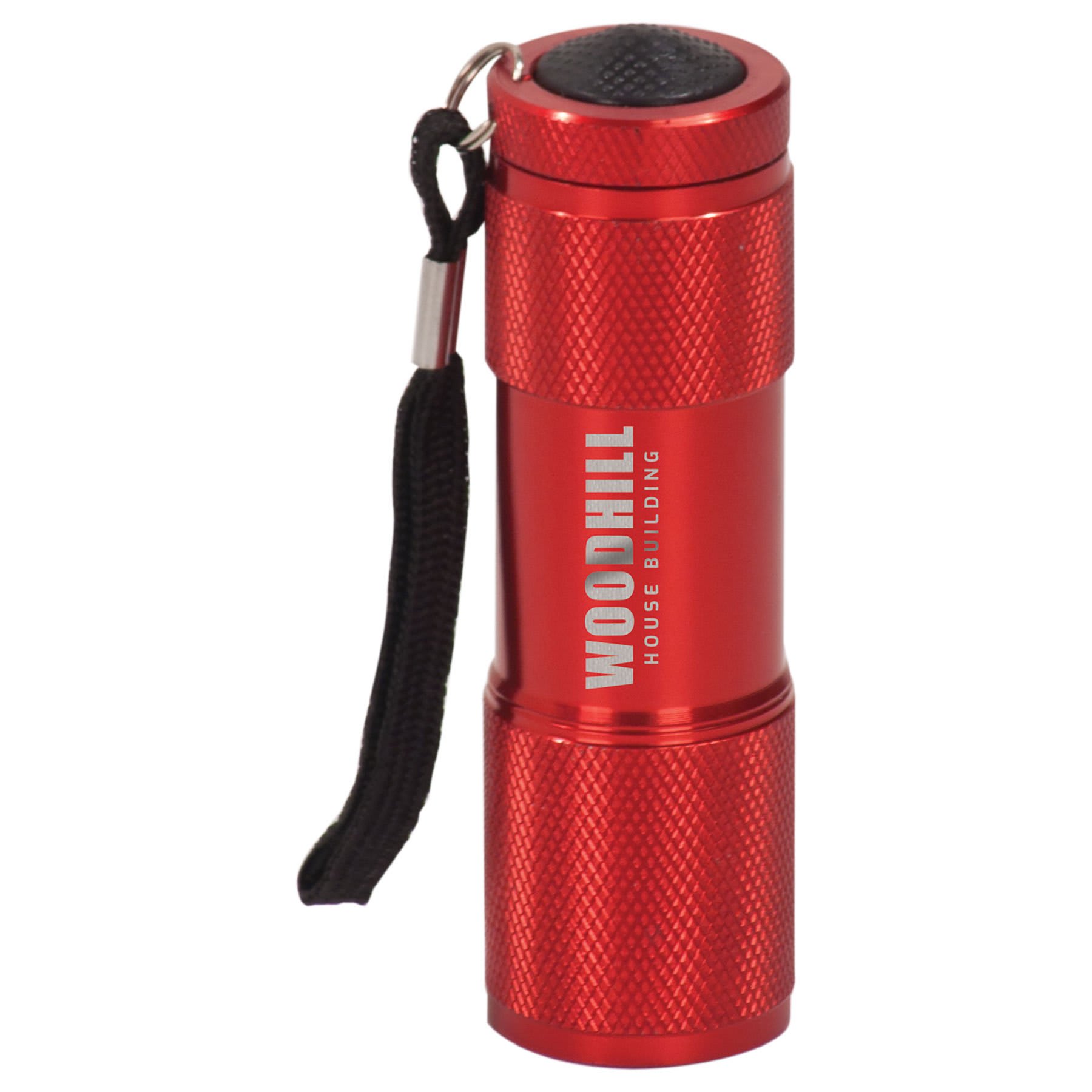 Red anodized aluminum 9-LED flashlight with a wrist strap