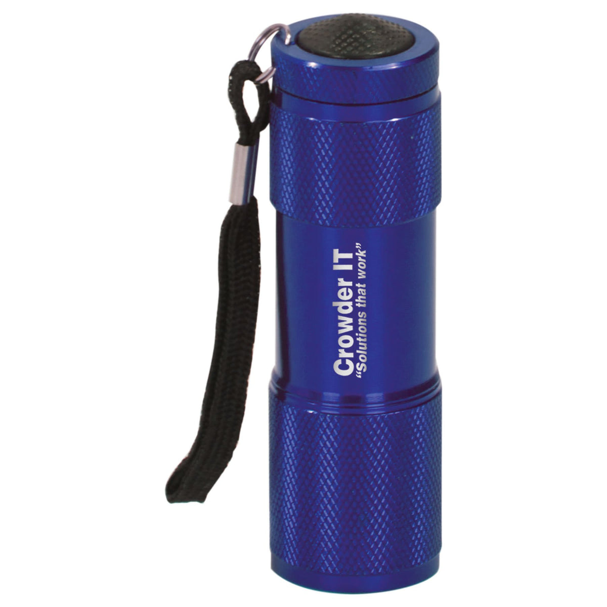 Blue anodized aluminum 9-LED flashlight with a wrist strap