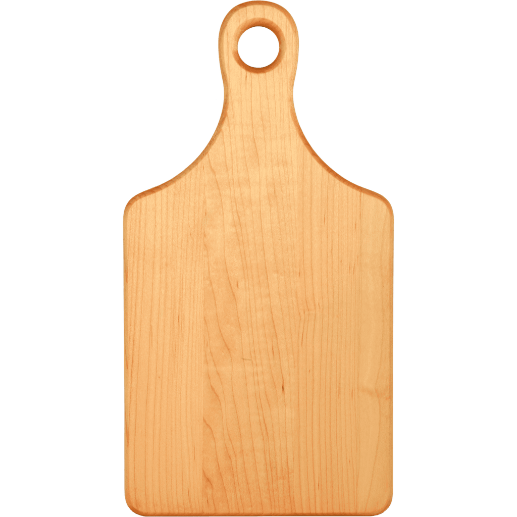 Flat maple paddle cutting board with handle, 13 1/2 by 7 inches, unengraved
