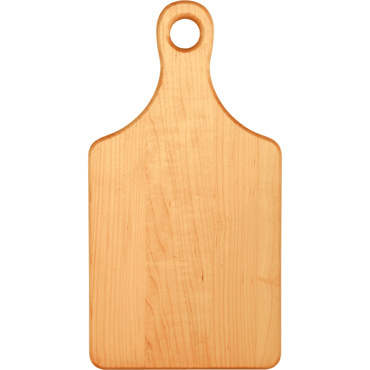 Flat maple paddle cutting board with handle, 13 1/2 by 7 inches, unengraved