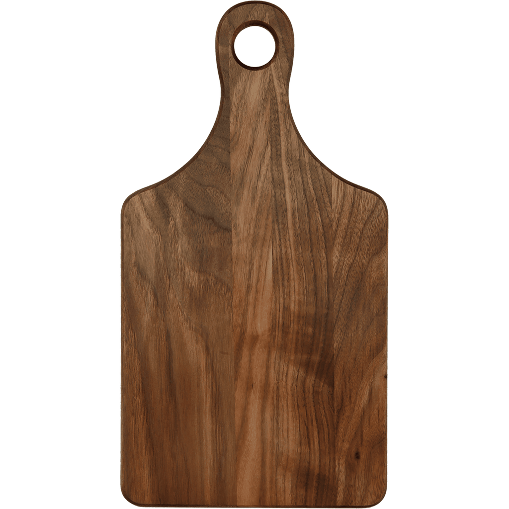 Flat walnut paddle cutting board with handle, 13 1/2 by 7 inches, unengraved