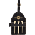 Black and gold leatherette golf bag tag with three wooden tees