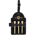 Black and gold leatherette golf bag tag with three wooden tees