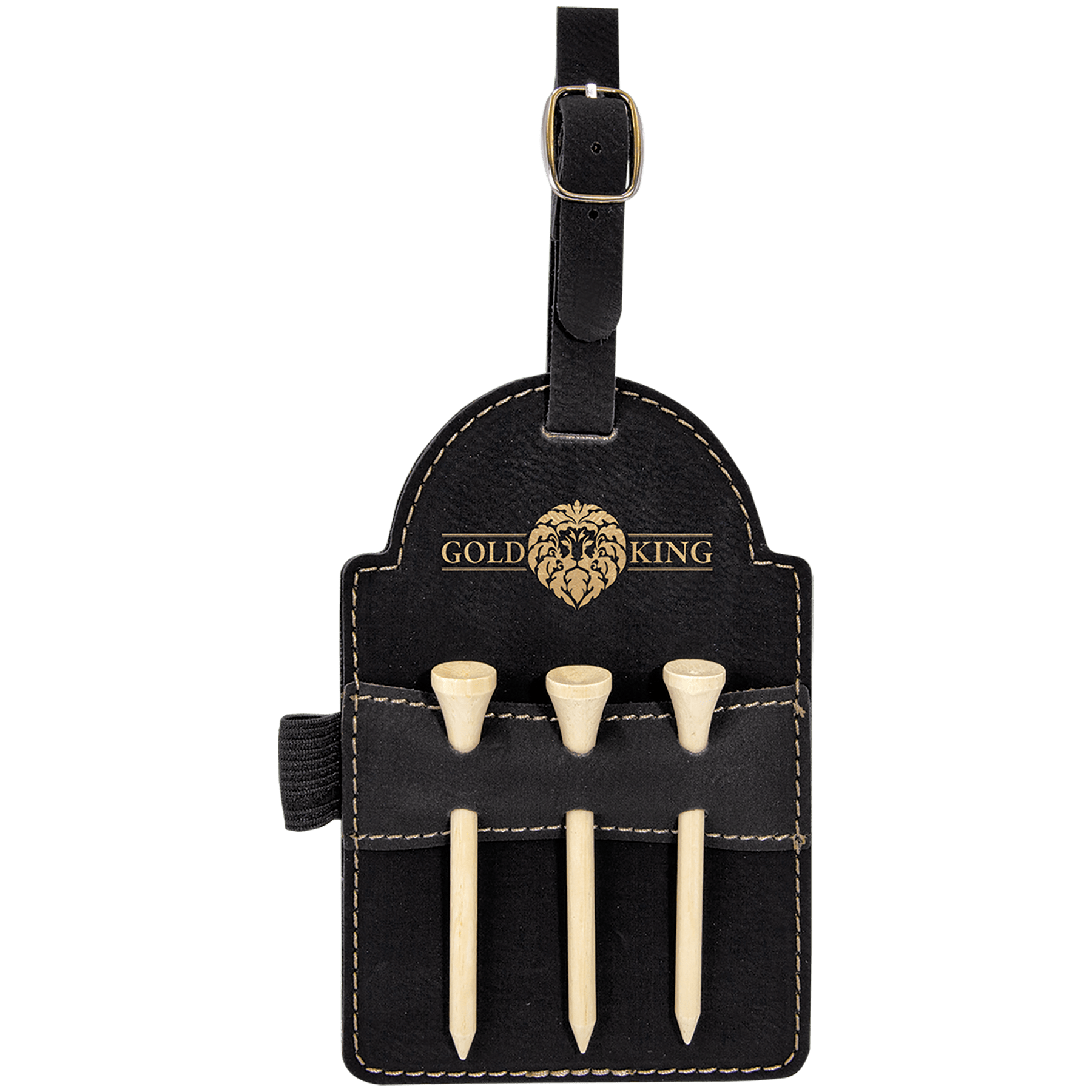 Black and gold leatherette golf bag tag with three wooden tees