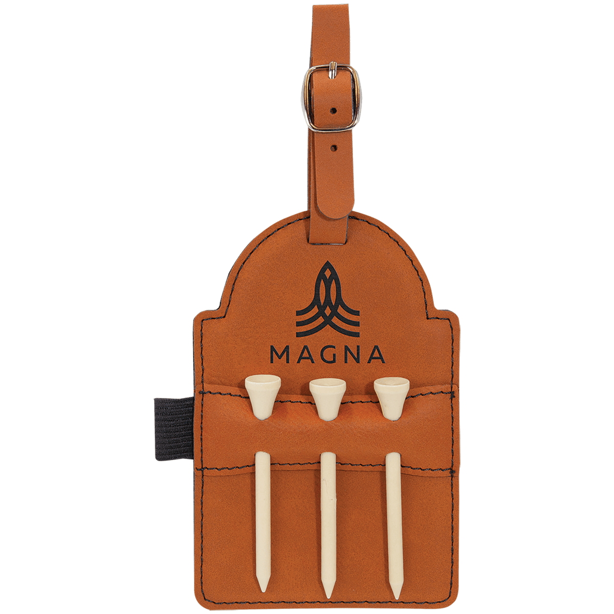 Rawhide leatherette golf bag tag with three wooden tees