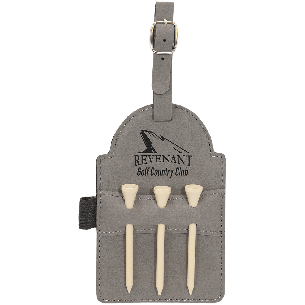 Gray leatherette golf bag tag with three wooden tees