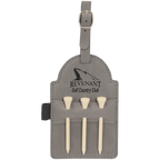 Gray leatherette golf bag tag with three wooden tees