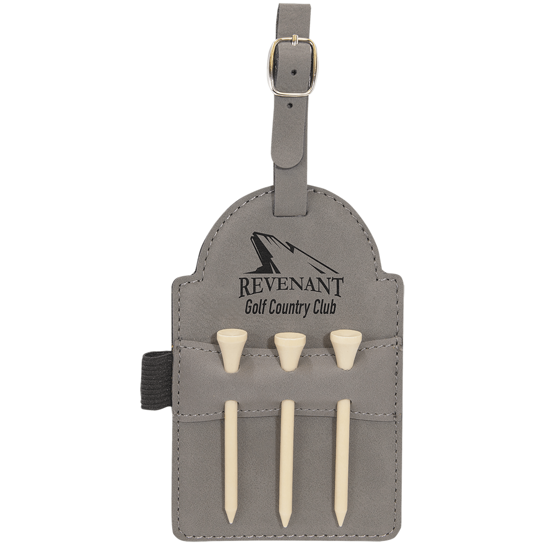 Gray leatherette golf bag tag with three wooden tees