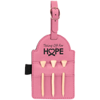 Pink leatherette golf bag tag with three wooden tees