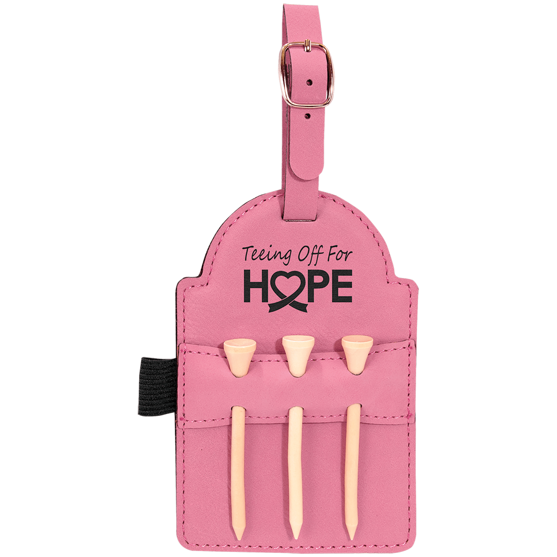 Pink leatherette golf bag tag with three wooden tees
