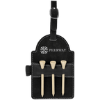 Black and silver leatherette golf bag tag with three wooden tees