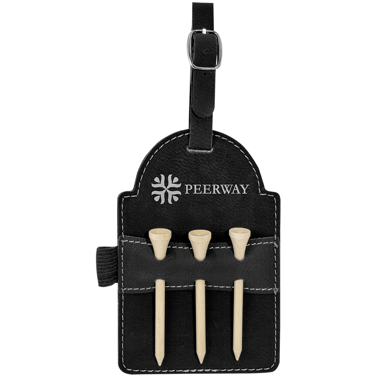 Black and silver leatherette golf bag tag with three wooden tees