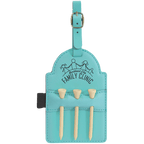 Teal leatherette golf bag tag with three wooden tees