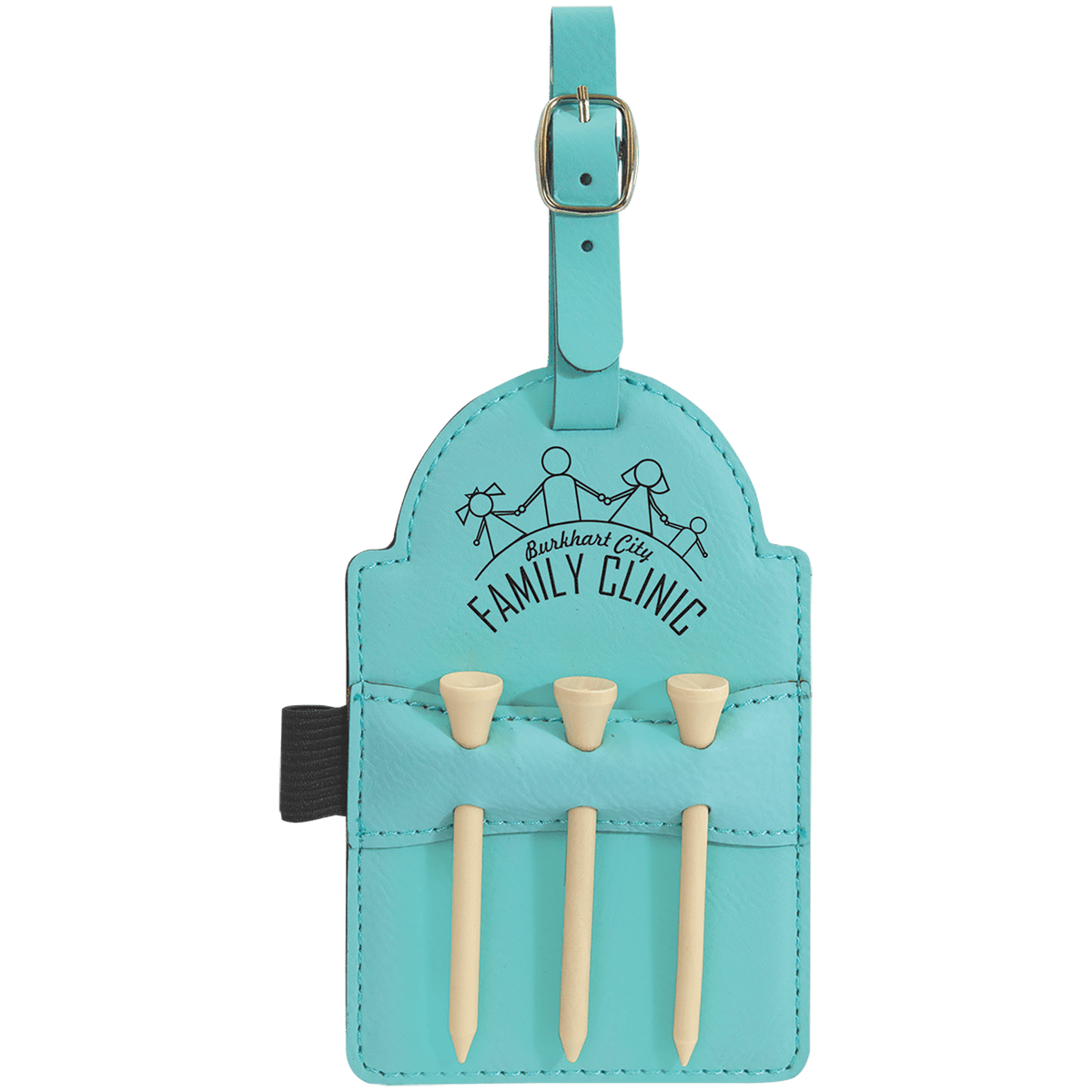 Teal leatherette golf bag tag with three wooden tees