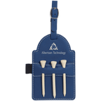 Blue and silver leatherette golf bag tag with three wooden tees