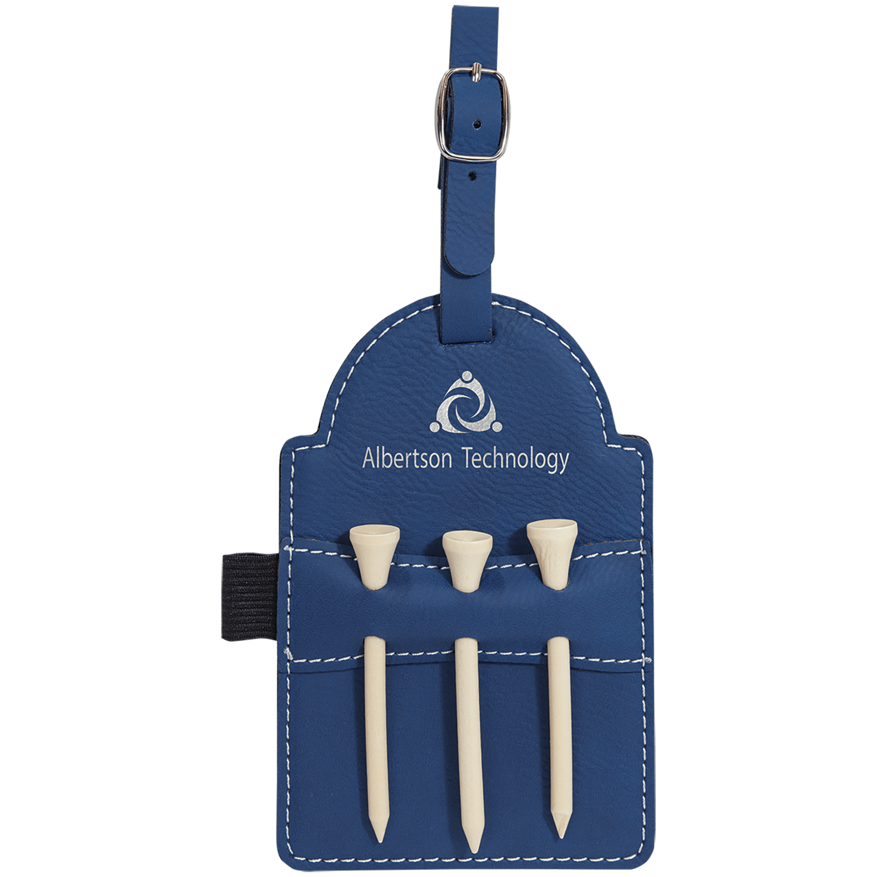 Blue and silver leatherette golf bag tag with three wooden tees
