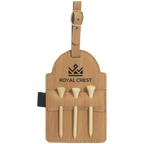Bamboo colored leatherette golf bag tag with three wooden tees