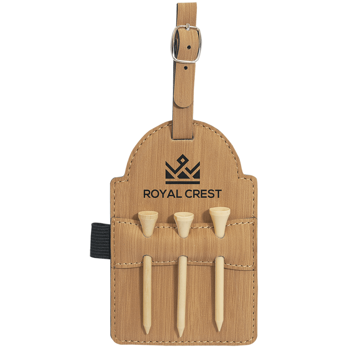 Bamboo colored leatherette golf bag tag with three wooden tees