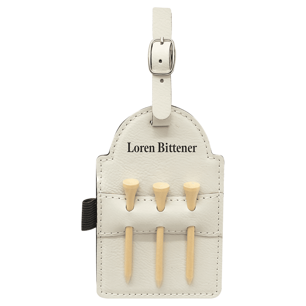 White leatherette golf bag tag with black backing and three wooden tees