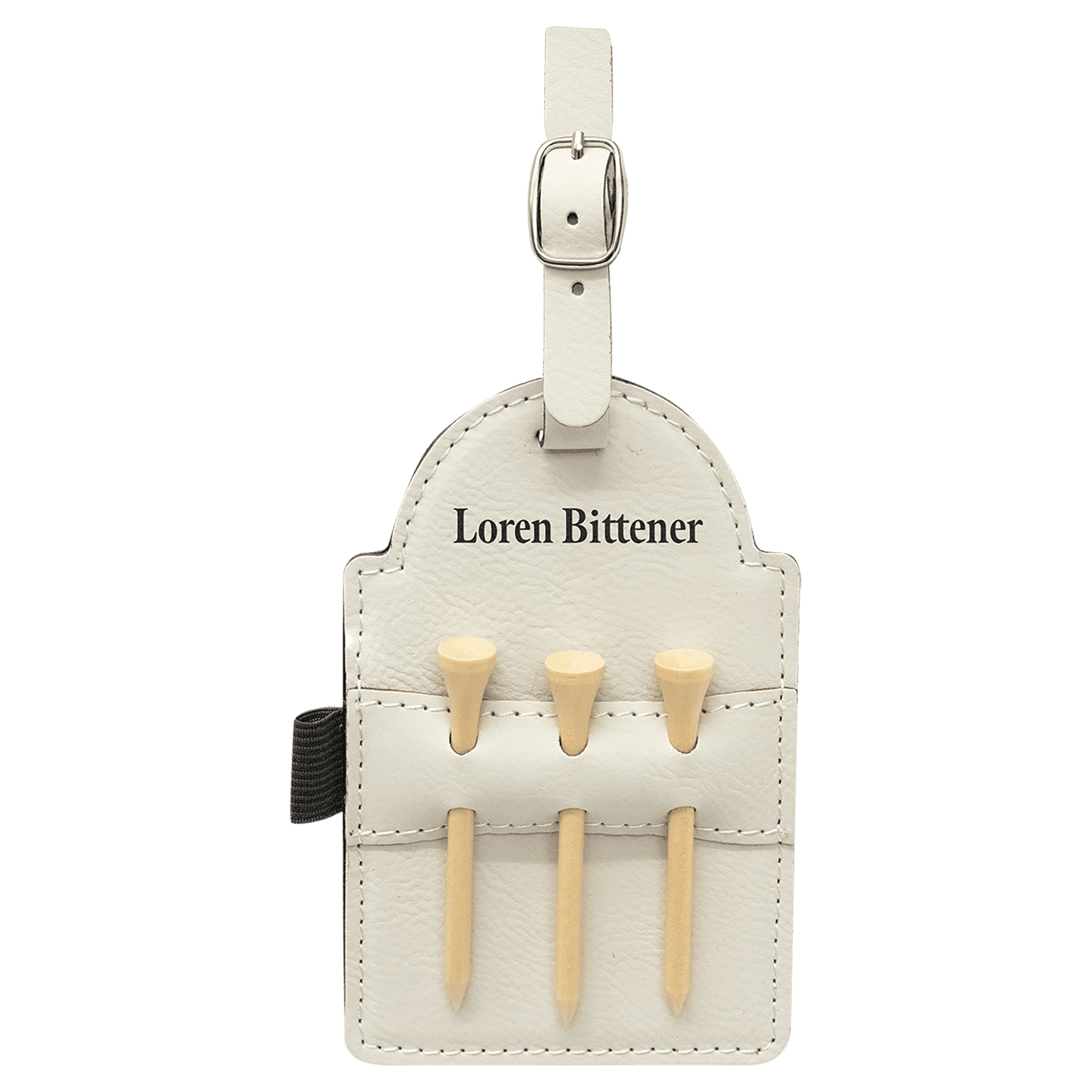 White leatherette golf bag tag with black backing and three wooden tees